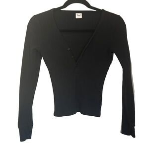 TNA Black V-Neck Cropped Henley Women's Top Size Small Waffle Texture